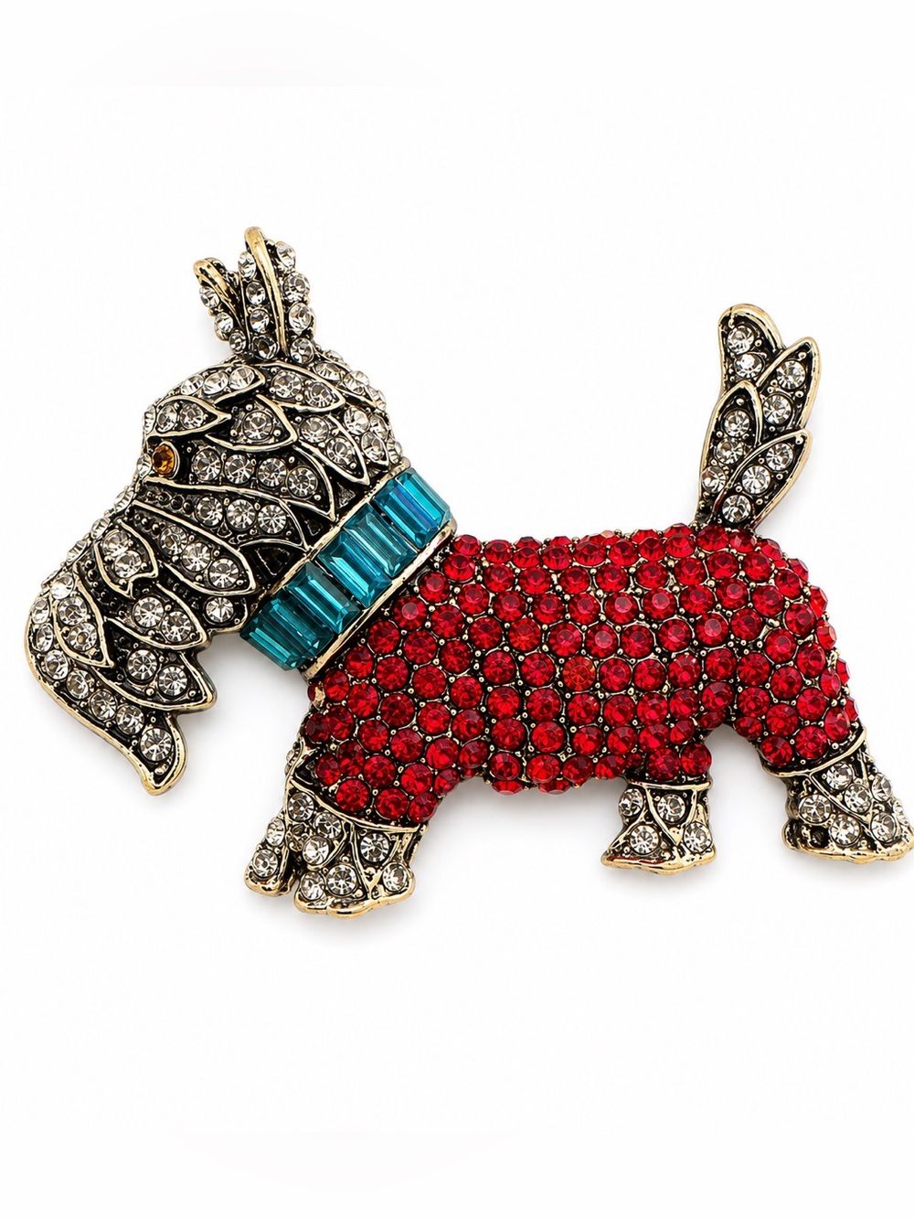 New‎ Scottie Dog Rhinestone Brooch Pin Red Crystal Sweater Blue Collar Terrier